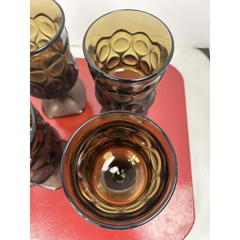 Vintage Amber Glass Tumblers‎ Set of 6 Textured Diamond Cut Base Hobnail MCM